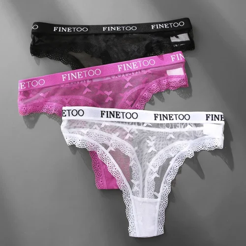Alternative view of 3PCS FINETOO Thong For Women Lace Panties Sexy Women's Thong Low Waist Underwear Solid Comfort Female Underpants Lingerie S-XL