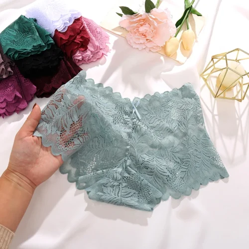 Alternative view of 4PC Sexy Underwear Perspective Lace Women Panties Floral Solid Hollow Out Briefs Female Underpants Breathablle Women Lingerie