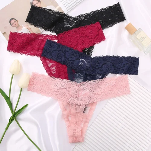 Alternative view of 4PCS/Set Sexy G-string Lace Thongs Women's Panties Floral Transparent T-Back Underwear Women Female Underpants Lingerie M-XL