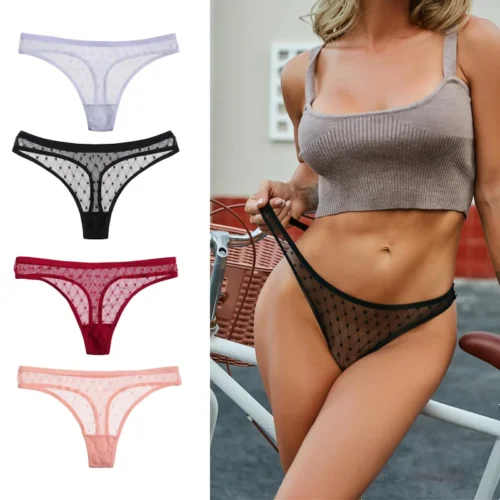 4PCS Sexy Women Lace Panties Low Waist G-String Underwear Solid Hollow Out Transparent Thong Female Soft Breathable Lingerie