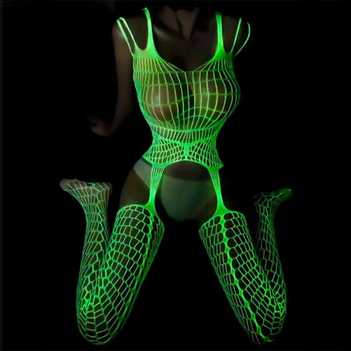Erotic See Through Luminous Mesh Lingerie Hollow Fishnet Clothing Sexy Bodysuit Lace Bodystocking Garters Underwear Pantyhose