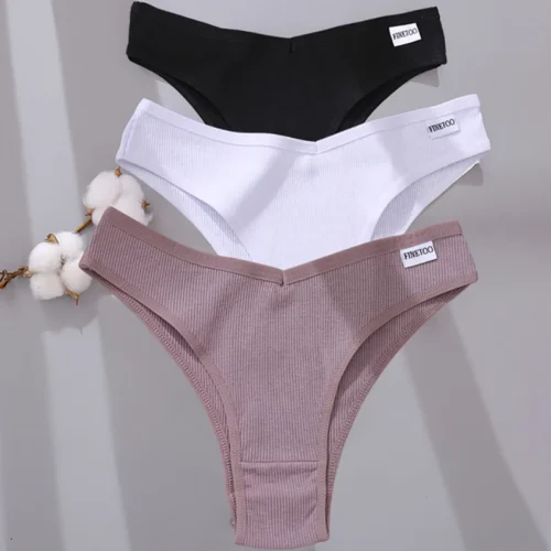 Alternative view of FINETOO 3PCS Brazilian Panties Cotton Women's Panties V Waist G-String Underwear Female T-back Underpants Lady Bikini Panty M-XL
