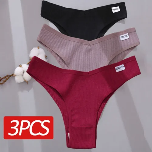 FINETOO 3PCS Brazilian Panties Cotton Women's Panties V Waist G-String Underwear Female T-back Underpants Lady Bikini Panty M-XL