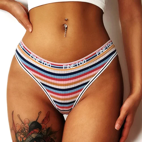 FINETOO Cotton Women Striped Panties Sexy G-String Underwear Soft Female Breathable Thong Intimates Lingerie Panties