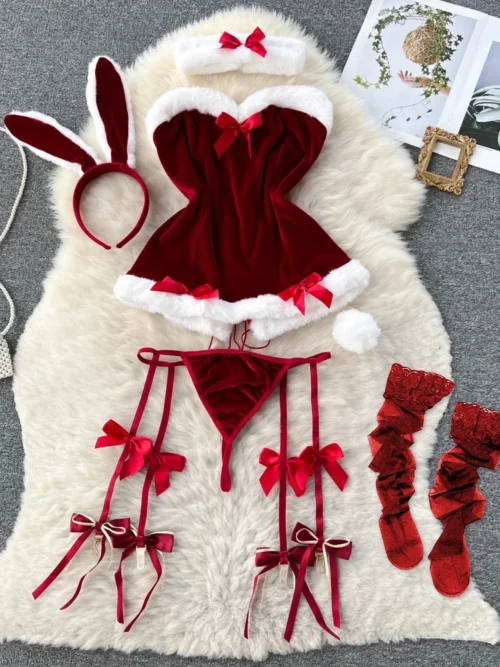 Alternative view of Maidservant Cosplay Erotic Valentine's Day Nightdress Sweet Sexy Dress Suits Halter Hollow Out Porn Nightwear+Thongs
