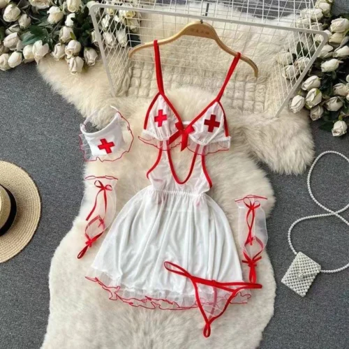 Sexy Cosplay Nurse Uniform Erotic Lingerie Babydoll Dress Flirting Underwear Women Clothes Costume 5 Piece Jumpsuit Dresses