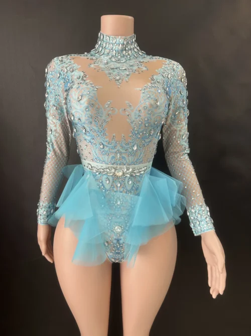 Alternative view of Sparkly Rhinestones Bodysuit Women ElasticPink Mesh Ruffles Crystal Leotard NightclubDancer Costume Stage Wear Party Outfit 7G