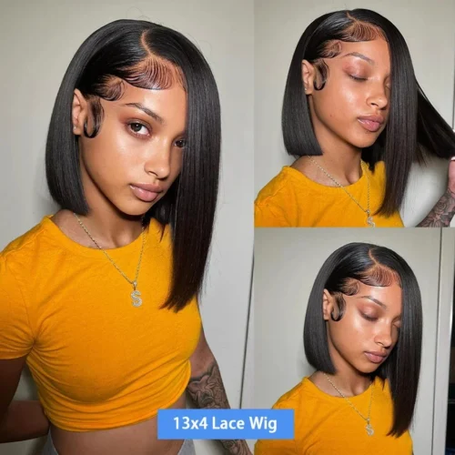 Alternative view of 100% Human Hair Wigs Transparent Straight Lace Bob Wig Human Hair 13x4 Hd Lace Front Wig Brizillian Hair Wigs For Women