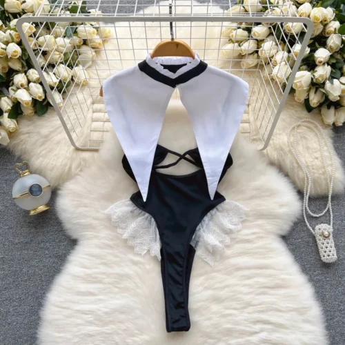 Alternative view of Hollow Out Cosplay Lingerie Lace Backless Sexy Hot Sweet Ruffles Jumpsuit Seduction Passion Uniform Bodysuit Set Two Pieces