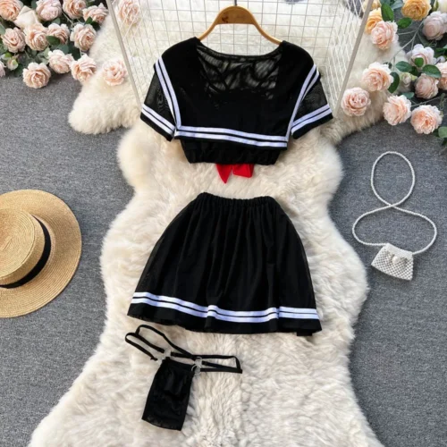 Alternative view of New Sailor Japanese Style Sweet Erotict Suits Female Short Sleeve Bow TieTops+Pleated Mini Skirt Lingerie Women Sheer Sexy Sets