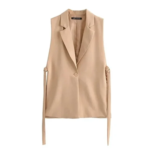 KAOPU ZA Women Fashion With Taps Side Vents Waistcoat Vintage Sleeveless Front Button Female Outerwear Chic Split Vest Tops Suit