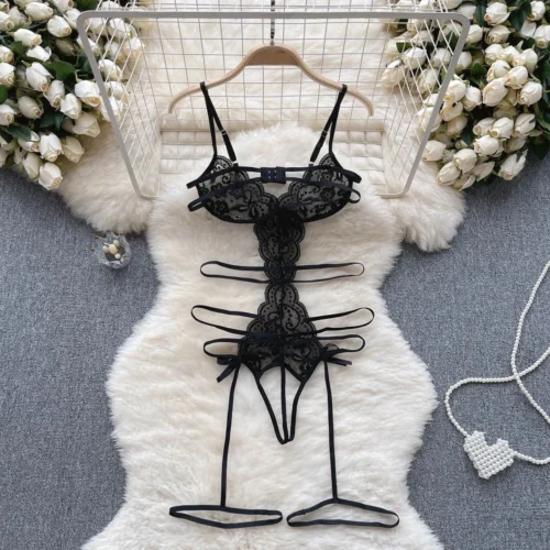 Alternative view of Black Lace Women's See-through Sexy Lace Up Bow Spliced Strap Jumpsuit Hollow Out Erotic Lingerie Bodysuit Shapewear Backless