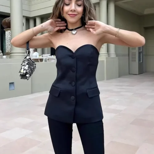 Women Fashion Elegant Flip Decoration Satin Texture Spliced Corset Style Tops