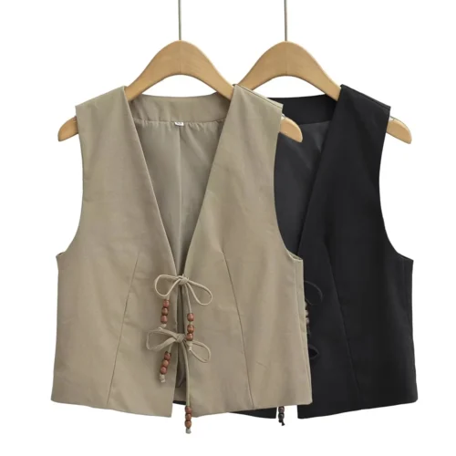 Women chic Beaded Linen lace-up Vest Sleeveless Jackets Vintage V-Neck Waistcoat Female Chic Tank Tops high quality women's wear