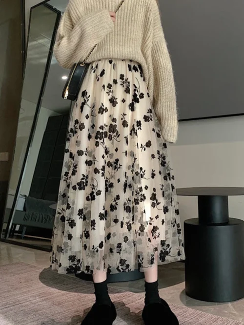 Alternative view of Mesh Floral Skirt For Women 2023 Autumn Winter Lace Flocking Fashion Big Swing Elastic High Waisted Elegant Mujer Party A-Line