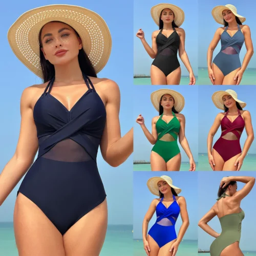Women's Bikini Swimsuit One Piece Solid Color Mesh High Waist Neck Strap Open Back New Arrivals Summer Beach Swimwear Quick Dry