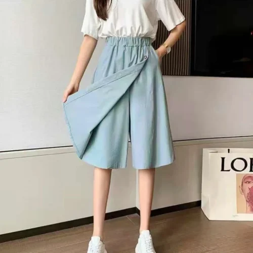 Alternative view of Women High Waist Irregular Knee Length Skirt Pants Office Lady's All-Match Loose Oversize Button Pockets Wide Leg Pants Elegant