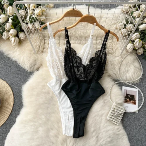 Alternative view of Women's V-neck Sexy Elegant Lace Camisole Jumpsuit Hollowed Transparent Tight Fitting Pajama Adjustable Shoulder Straps Hotsweet