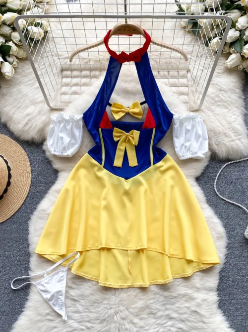 Halloween Bow Hollow Out Nightwear Off the Shoulder Lingerie Sexy Pajamas Sensual Role Play Erotic Halter Night Princess Dress