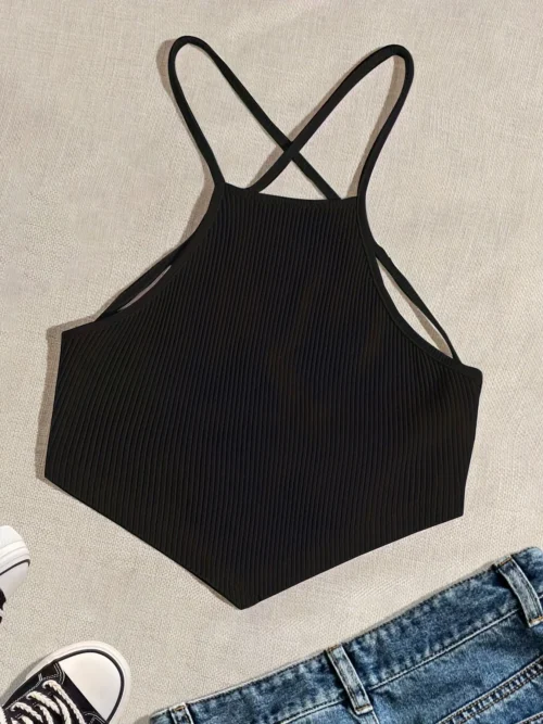 Elegant Cotton Knit Slingback Top with Crisscross Back Tie - Chic, Comfy t& Season Versatile