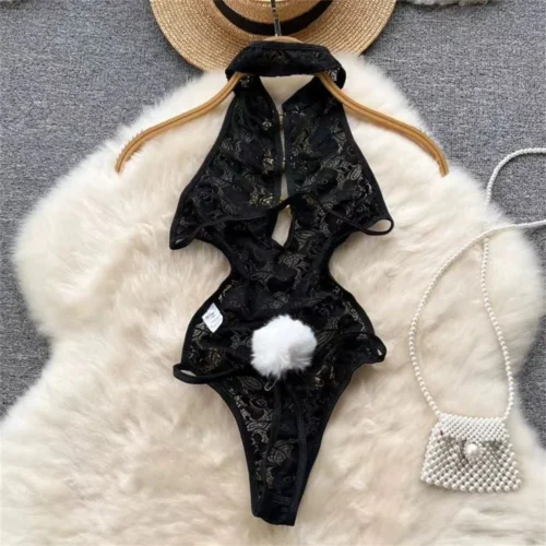 Alternative view of Spring Summer Sexy Lace Mesh Classical Metal Buckle With Hairball Jumpsuit Single-Breasted Eastern Style Stand Collar Bodysuit