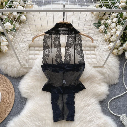 Alternative view of Women's Sexy Halter Lace Jumpsuit Hollowed Transparent Lingerie Backless Fashion Pajamas High Waisted Slim Fit Erotic Bodysuit