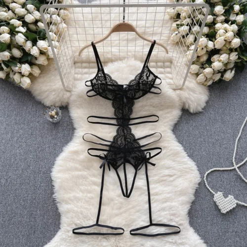 Black Lace Women's See-through Sexy Lace Up Bow Spliced Strap Jumpsuit Hollow Out Erotic Lingerie Bodysuit Shapewear Backless