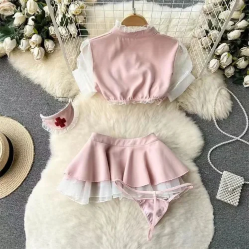 Alternative view of Hot Sweet Cosplay Uniform High Waist Hollow Ruffled Bubble Sleeve Short Top Cute Sexy Two Layer Sheer Short Skirt Two-piece Set