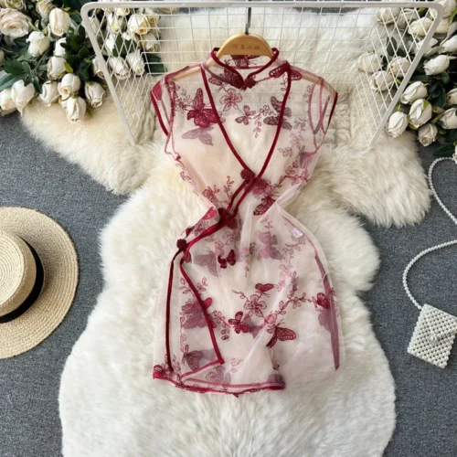 Alternative view of Women's Sexy Slim Hollow Out Butterfly Embroidery Lace Split Dress Suit Mesh Sheer Traditional Embroidered Stripe Cheongsam Set