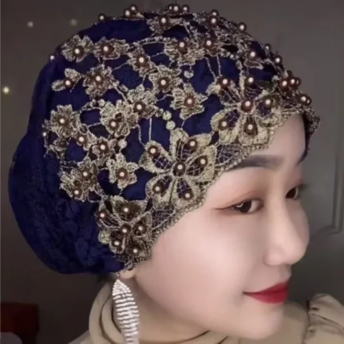 Alternative view of Lace Beading Turban Hat Muslim Women Headscarf Bonnet Ready to Wear Breathable Inner Hijabs Summer Female Headwrap Cap