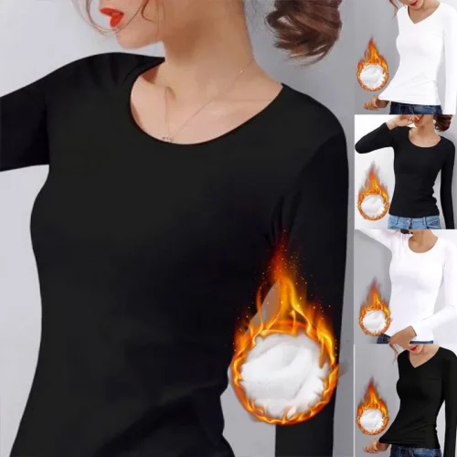 Alternative view of O Neck Long Sleeve Shirt Women Winter Bottoming Cropped Tops Black Casual Slim Basic Velvet Heating Fiber Thermal T-Shirts 2023