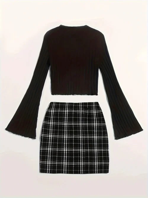 Alternative view of Casual Colorblock Two-piece Skirt Set Ribbed Crew Neck Long Sleeve Top & Plaid Skirts Women's Clothing