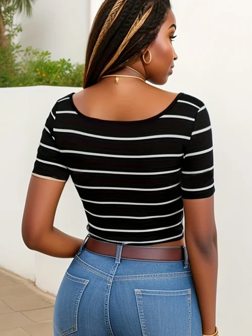 Alternative view of Stripe Print Crew Neck T-Shirt Y2k short Sleeve Crop T-Shirt For Spring &Summer Women's Clothing