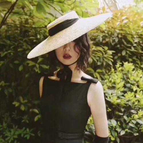Alternative view of Summer Big Natural Straw Hats For Women Handmand Wide Brim Beach Visor Caps Elegant Flat Top Long Ribbon Lace-Up Sun Hat