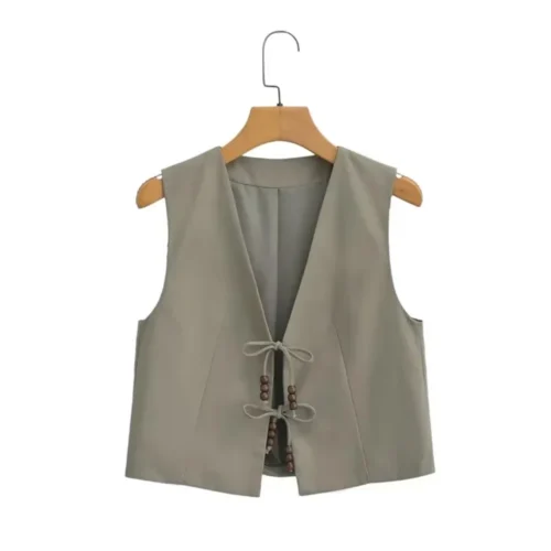 Alternative view of Women chic Beaded Linen lace-up Vest Sleeveless Jackets Vintage V-Neck Waistcoat Female Chic Tank Tops high quality women's wear
