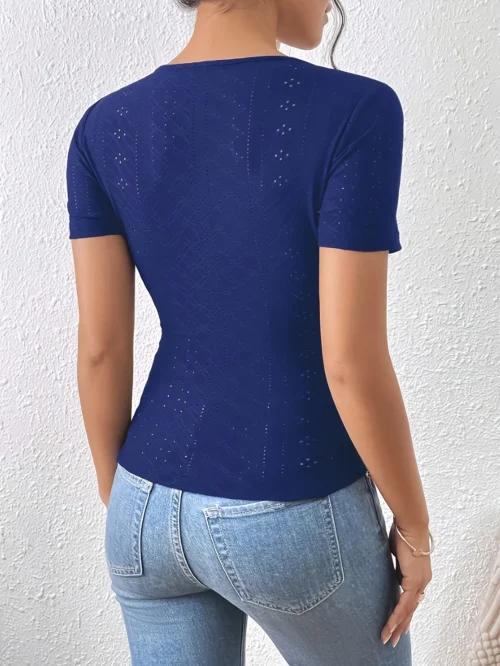 Alternative view of Solid Eyelet Button Decor T-Shirt Casual V-neck Short Sleeve T-Shirt For Spring & Summer Women's Clothing
