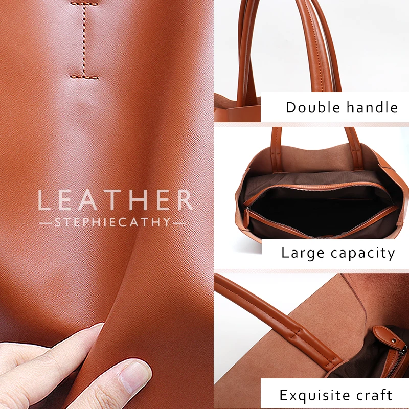 Classic Real Leather Women Tote Large Capacity with Zip Liner Purse Daily Big Shoulder Handbags A4 Laptop Shopping Commute Bags - Image 6
