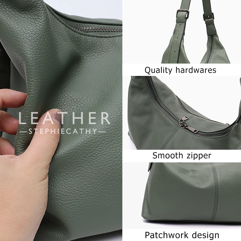 SC Luxury Women Cowhide Crossbody Bag Large Casual Shoulder Purse Wide Strap Handbag Female Daily 100% Genuine Leather Hobo Sack - Image 3