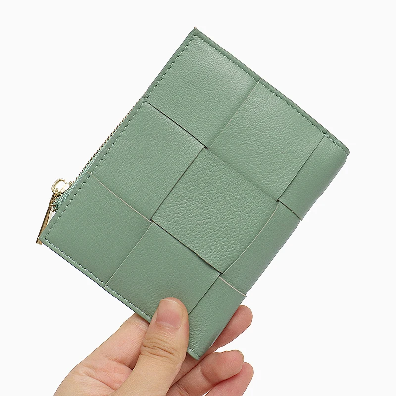 Brand Design Real Lambskin Leather Woven Short Wallet Women Mini Portable Bifold Coin Purses Cash Note Card Slots Multi Pockets - Image 6
