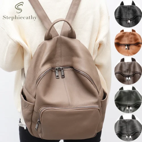 Fashionable Soft Real Cowhide Backpack Women Men Multi Zip Pockets Solid Color Versatile Daily Casual Spacious Knapsack Travel