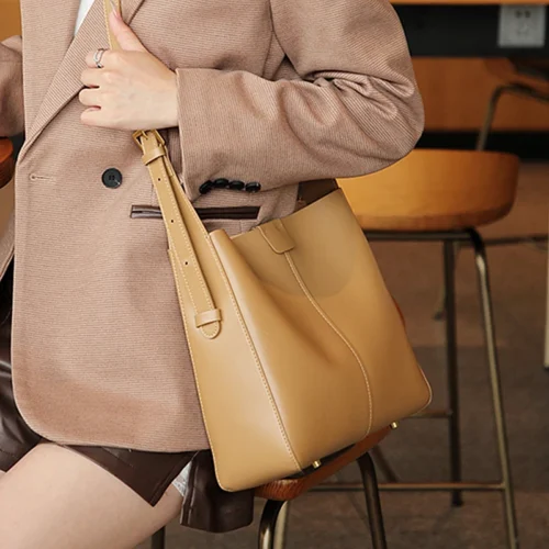 Burminsa Cowhide Genuine Leather Bucket Shoulder Bags For Women New 2024 Trend Designer Large Capacity Crossbody Ladies Handbags