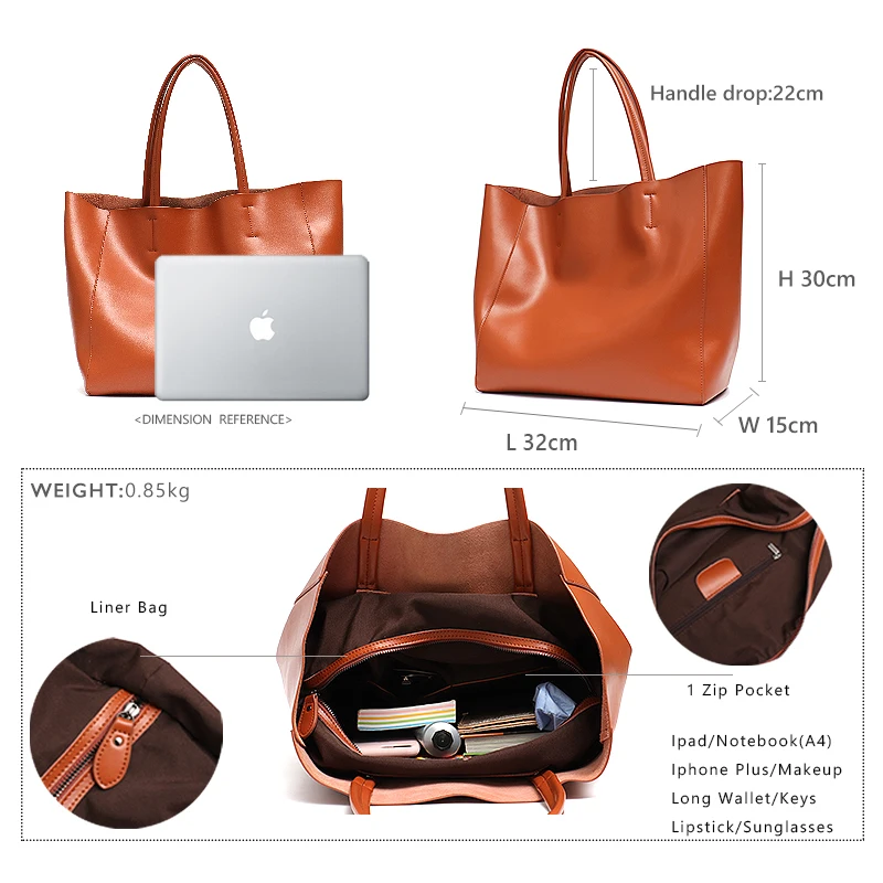 Classic Real Leather Women Tote Large Capacity with Zip Liner Purse Daily Big Shoulder Handbags A4 Laptop Shopping Commute Bags - Image 5