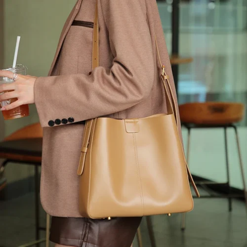 Alternative view of Burminsa Cowhide Genuine Leather Bucket Shoulder Bags For Women New 2024 Trend Designer Large Capacity Crossbody Ladies Handbags