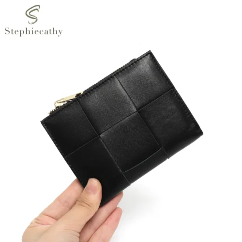 Brand Design Real Lambskin Leather Woven Short Wallet Women Mini Portable Bifold Coin Purses Cash Note Card Slots Multi Pockets