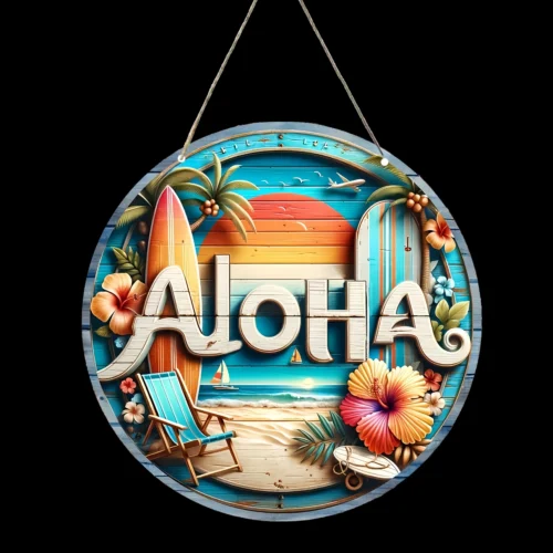 Alternative view of 1 Aloha Wooden Sign Pendant/Round Beach Wall Art with Wreath Welcome House Number/20/8CM Hawaiian Greeting Hanging Decoration