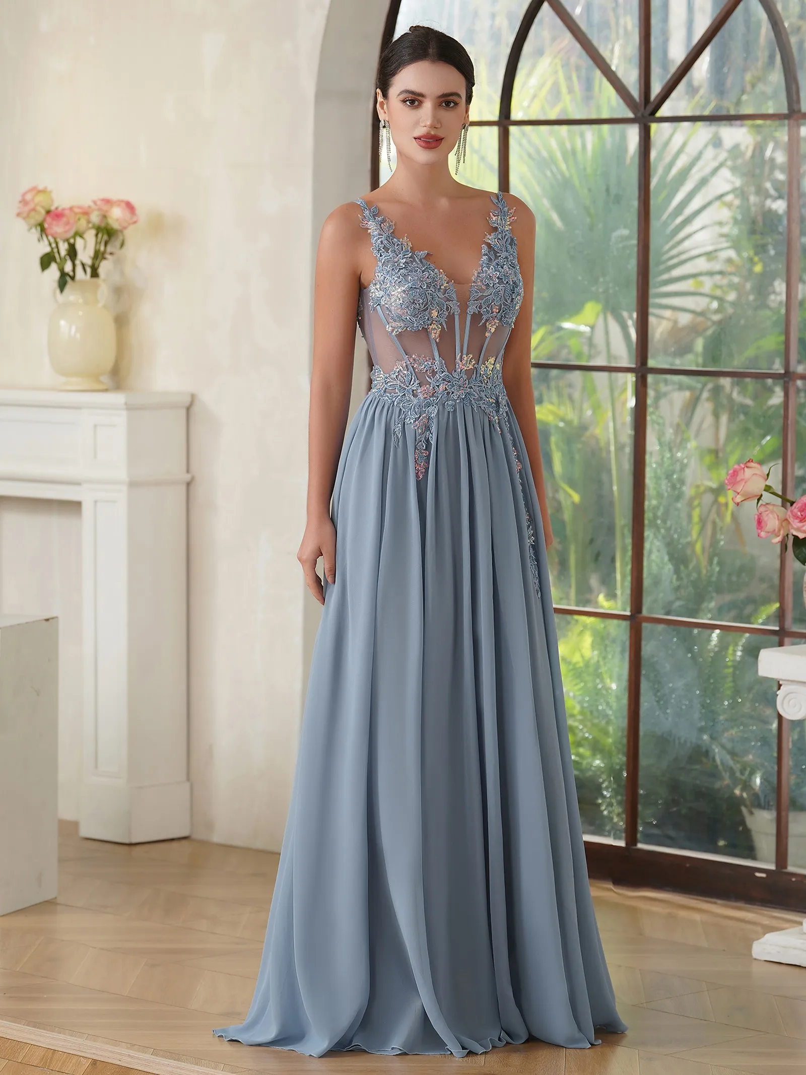 Shiny Appliques A Line Evening Dresses Elegant Fish Bone Beaded Illusion Spaghetti Straps Prom Gown Formal Party Vestido De Gala - Image 2