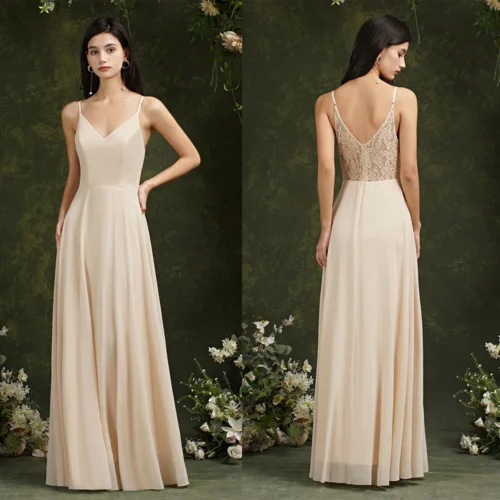 MisShow Chiffon Lace Evening Dresses V Neck Spaghetti Straps Elegant Sleeveless Formal Party Prom Gowns Robe De Soiree Longue
