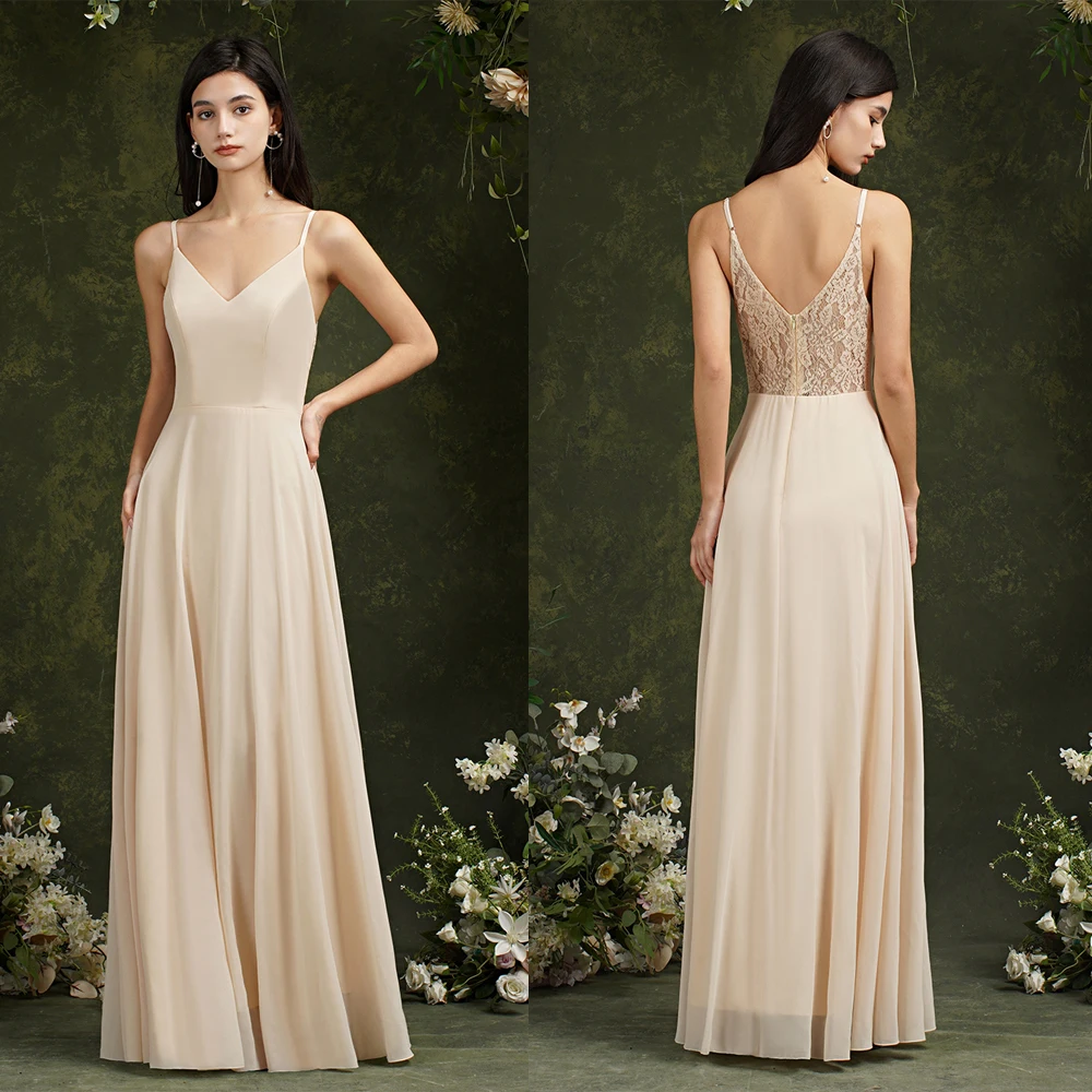 MisShow Chiffon Lace Evening Dresses V Neck Spaghetti Straps Elegant Sleeveless Formal Party Prom Gowns Robe De Soiree Longue