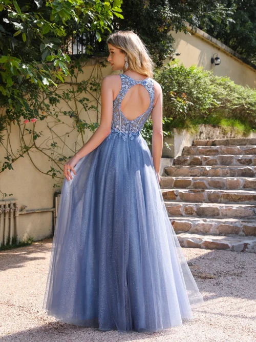 Alternative view of BABYONLINE Dusty Blue Soft Shiny Tulle Long Evening Dresses Elegant Appliques Lace Open Back Sexy Prom Formal Party Maxi Gowns