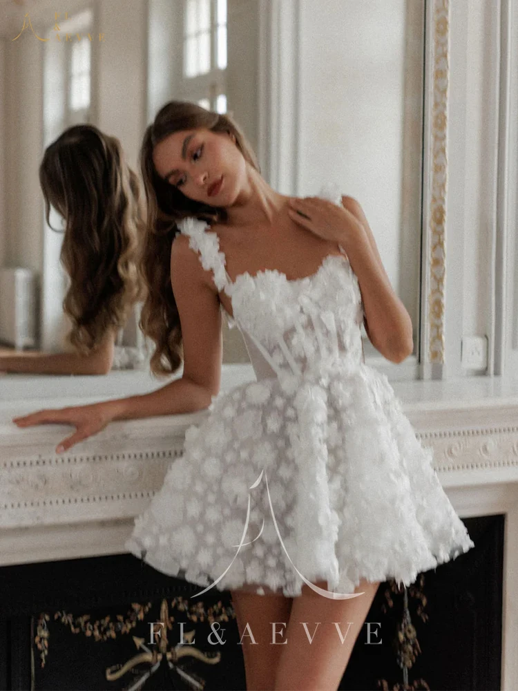 FL&AEVVE Customized Mini Wedding Dresses 3D Flower Lace Bridal Dress Sleeveless Lace-up Spaghetti Strap Prom Party Gown - Image 3